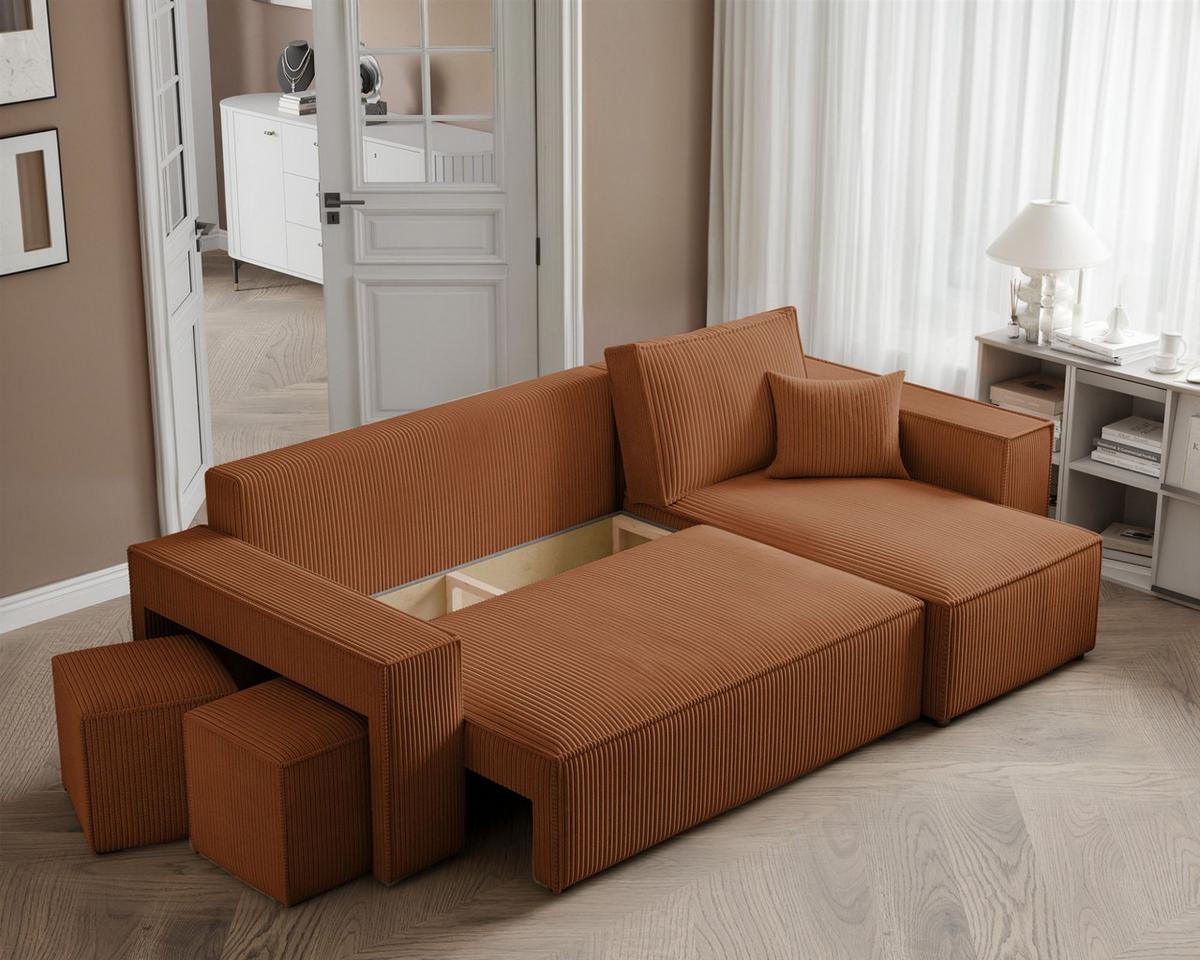 ECKSOFA Adara Inkl. Hocker - Hellbraun, Holzwerkstoff/Textil (145/262cm) - Fun Möbel