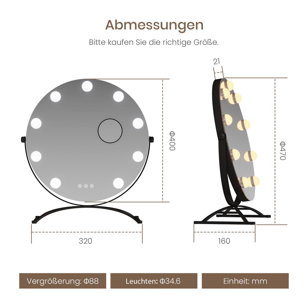 SCHMINKSPIEGEL mit Beleuchtung Schwarz ф40 cm - Schwarz, Glas (40/47/2.72cm) - EMKE