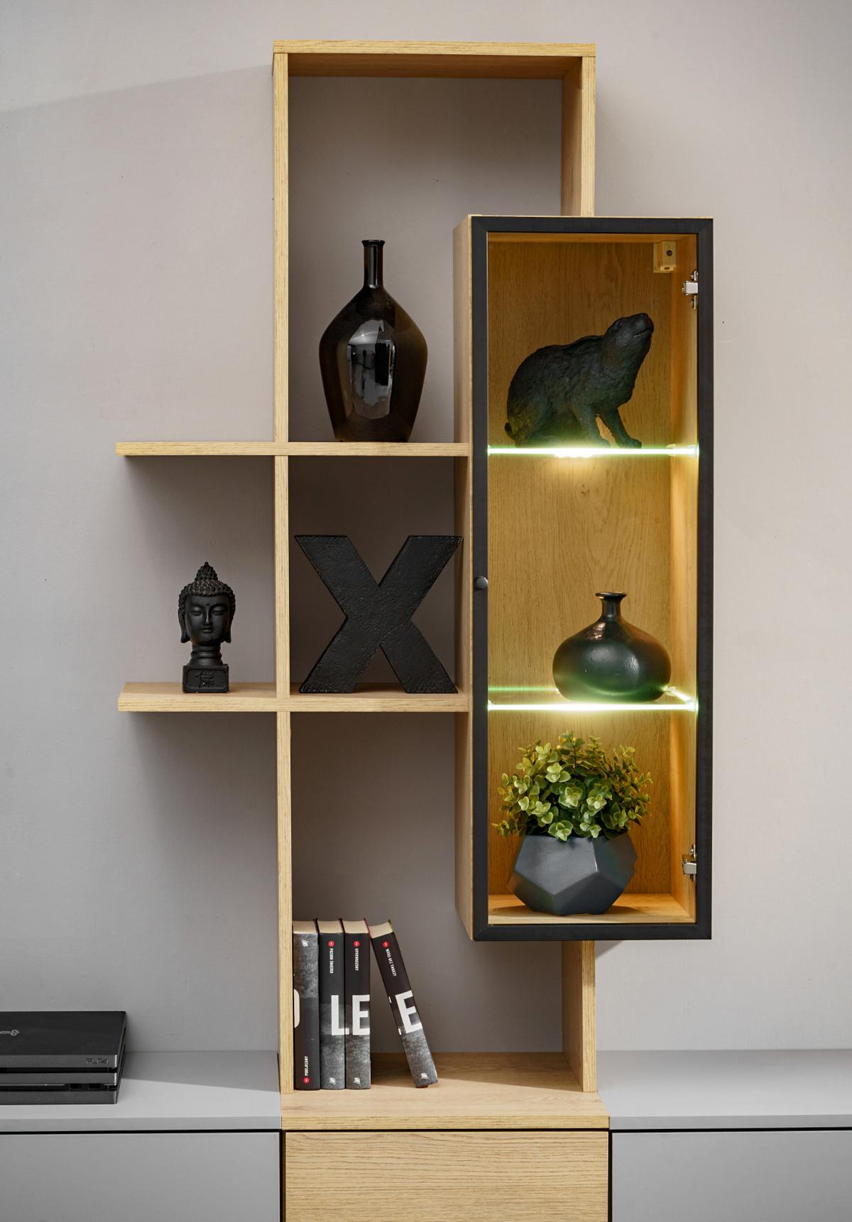 WOHNWAND Arktis-Grau, Cremona Eiche hängend 240 cm, Schrankwand mit LED und Push-to-Open - Eichefarben/Hellgrau, Glas/Holzwerkstoff (240/160/40cm) - Inn.Furn