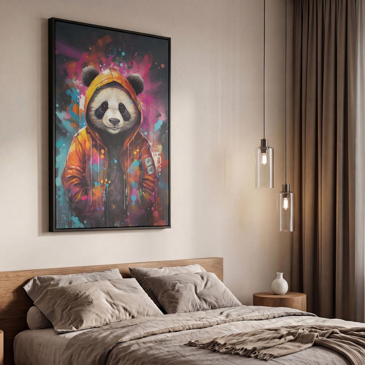 LEINWAND Bilder mit Rahmen - Panda - Jacke - Graffiti - Orange - 60x90 - Orange, Textil (60/90cm) - MuchoWow