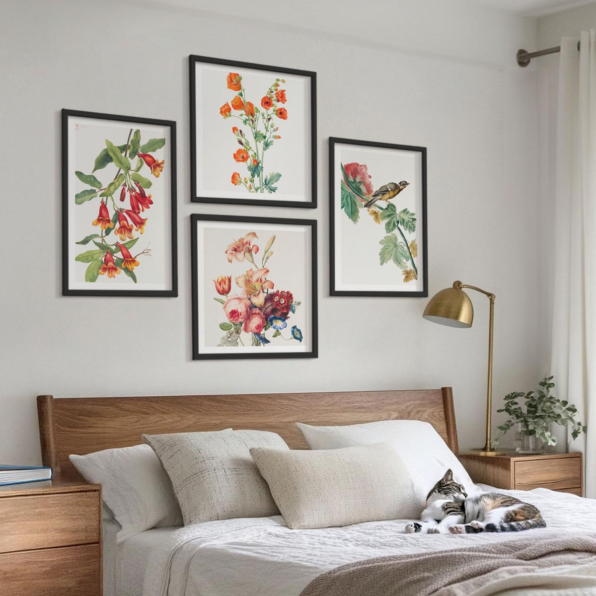 BILDER SET 4er Set - 50x50 cm & 40x60 cm Schwarzer Rahmen - Gemalte Blumen, Retro-Vogel - Schwarz, Kunststoff (50/50cm) - TULUP