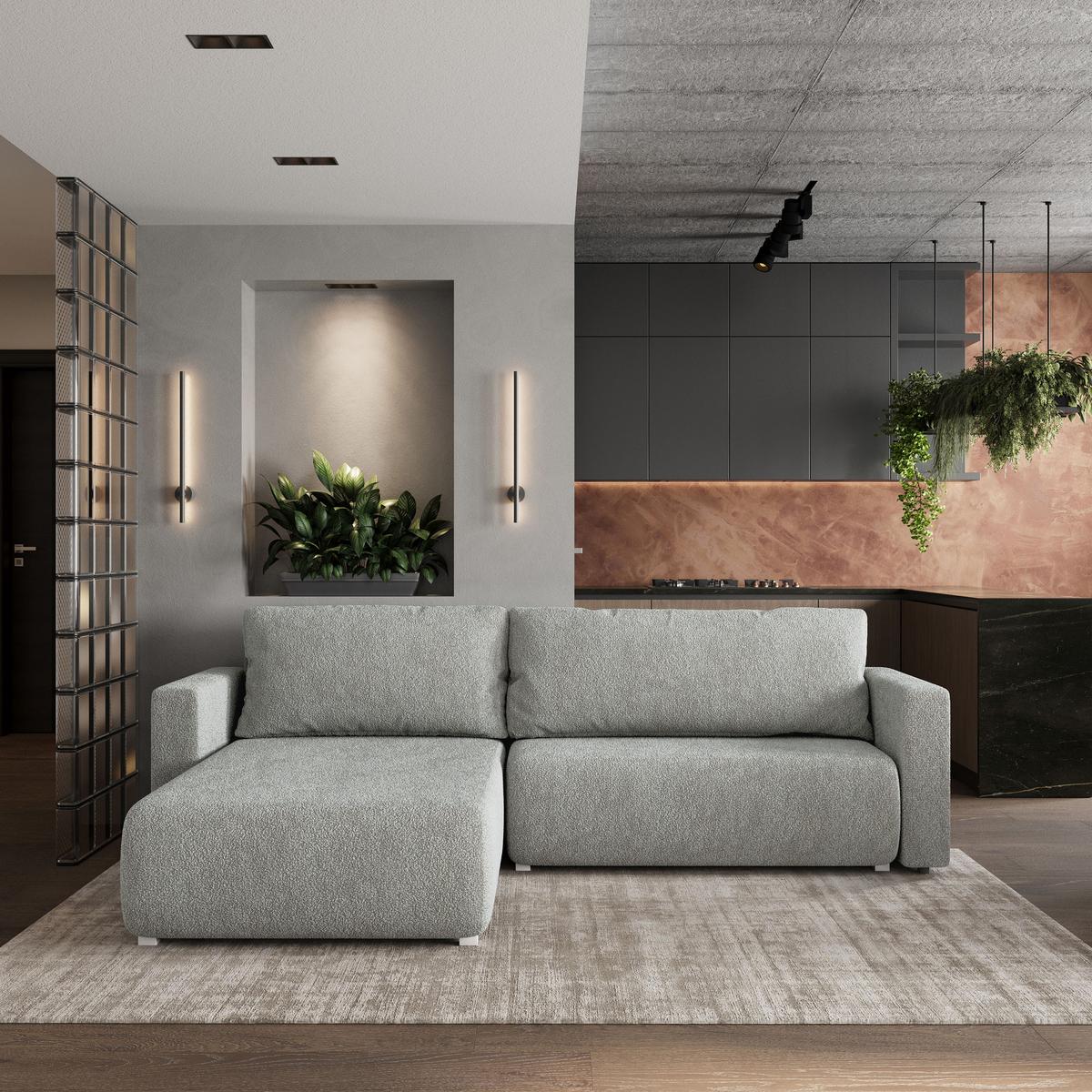 ECKSOFA TURIN N Hellgrau Bucle-Stoff mit Schlaffunktion - Hellgrau/Grau, Holz/Kunststoff (265/183cm) - MASSENO