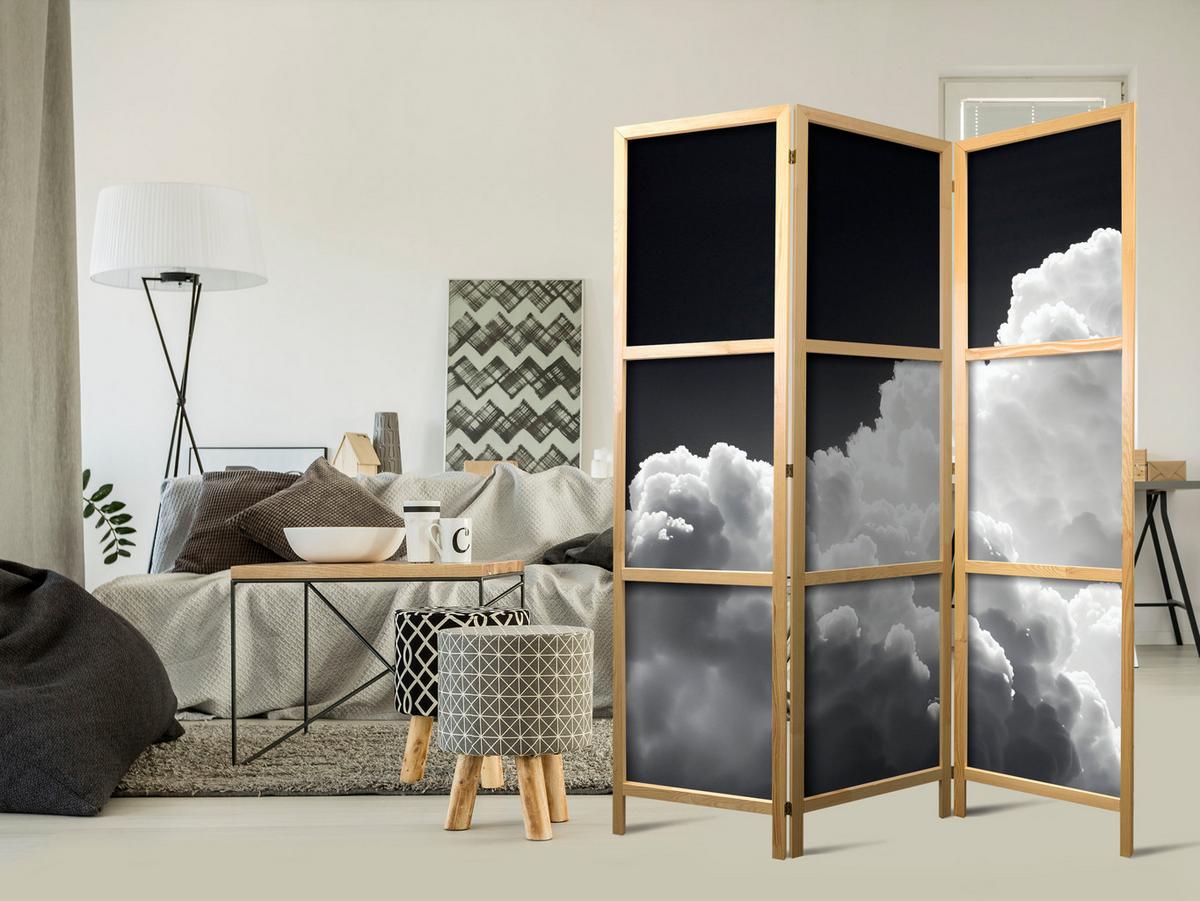 PARAVENT Japanischer 3-tlg 135x172 cm Schwarz-Wei e Wolken - Grau, Holz/Textil (135/172/3cm) - Muralo
