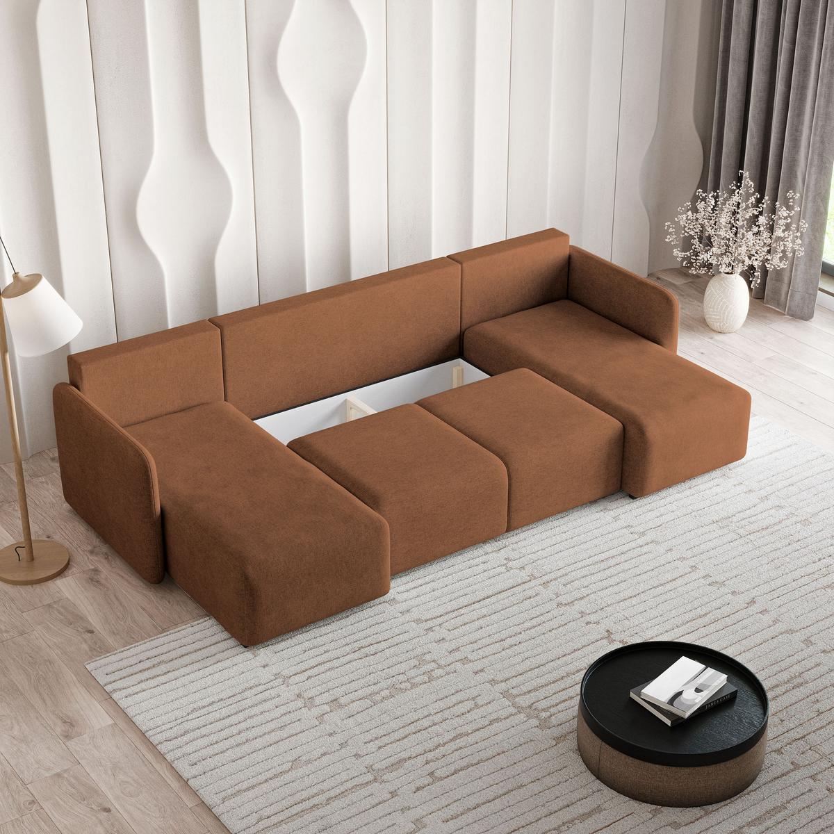 WOHNLANDSCHAFT NUBERO Kupferfarben Geflochtener Stoff mit Schlaffunktion - Kupferfarben, Holz (285/85/143cm) - MASSENO