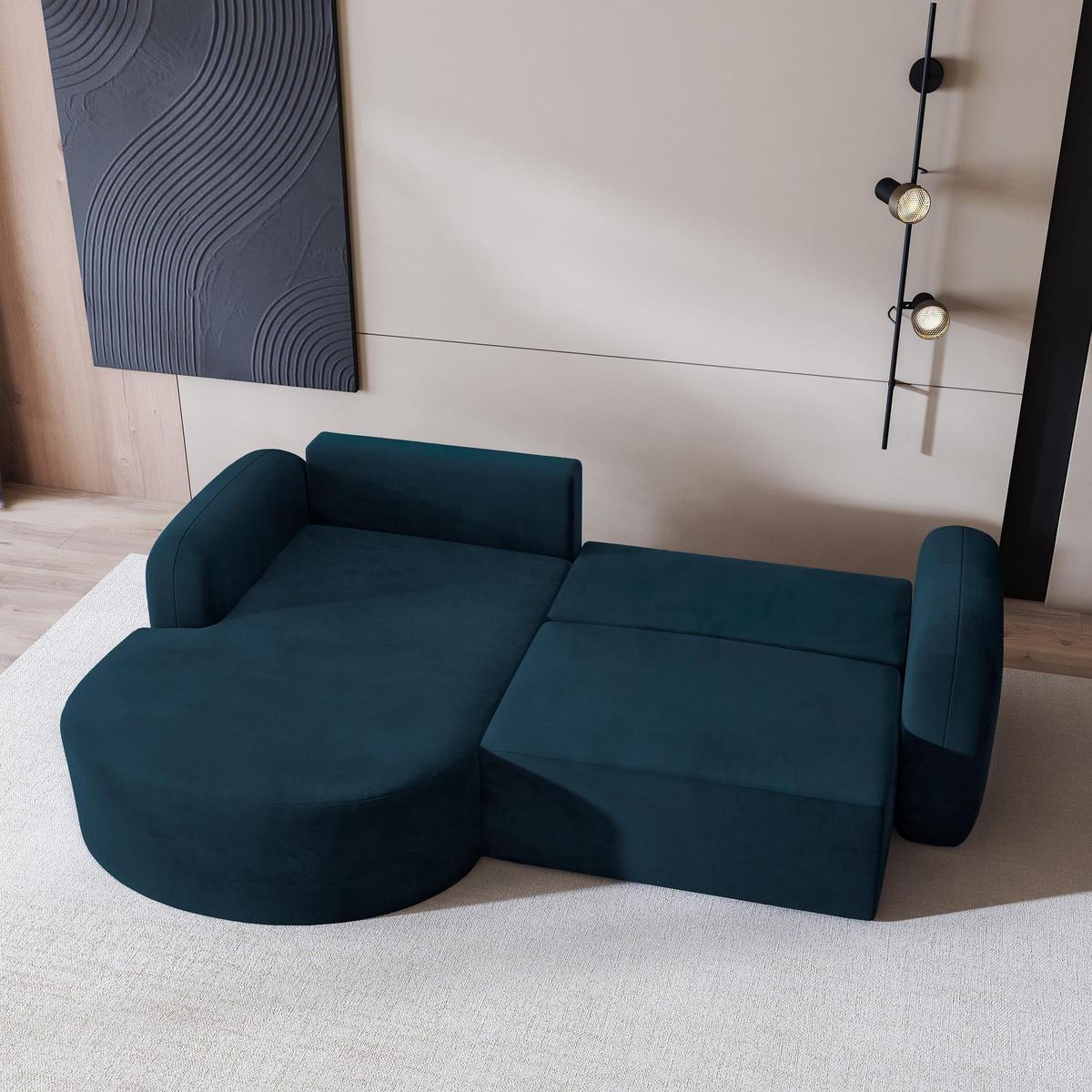 ECKSOFA AMILIA M L-S Blau Velours-Stoff mit Schlaffunktion - Blau, Holz (263/174cm) - MASSENO
