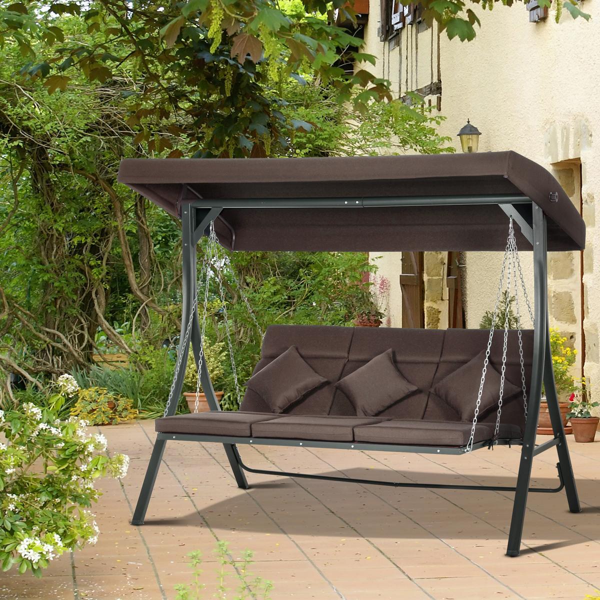 HOLLYWOODSCHAUKEL 3-Sitzer Gartenschaukel Verstellbares Dach Texteline Braun - Braun, Metall (118/168/198cm) - Outsunny
