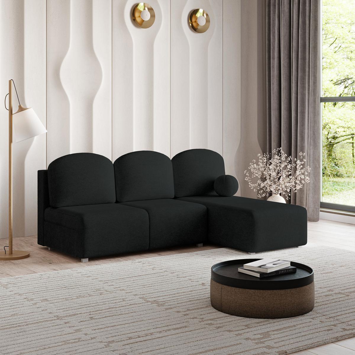 ECKSOFA TRAMA Schwarz Geflochtener Stoff mit Schlaffunktion - Schwarz, Holz (200/143cm) - MASSENO