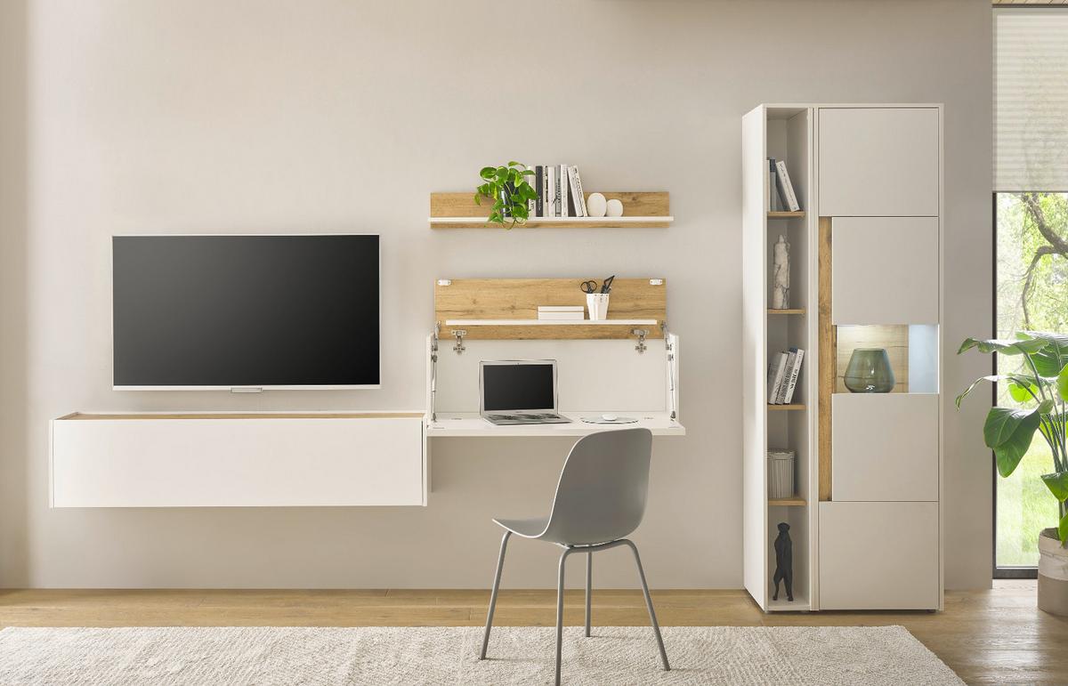 WOHNWAND weiß, Eiche Wotan 5-teilig 340 cm, Komplettset mit Sekretär - Eiche Wotan/Schwarz, Glas/Holz (340/200/40cm) - Furn.Design
