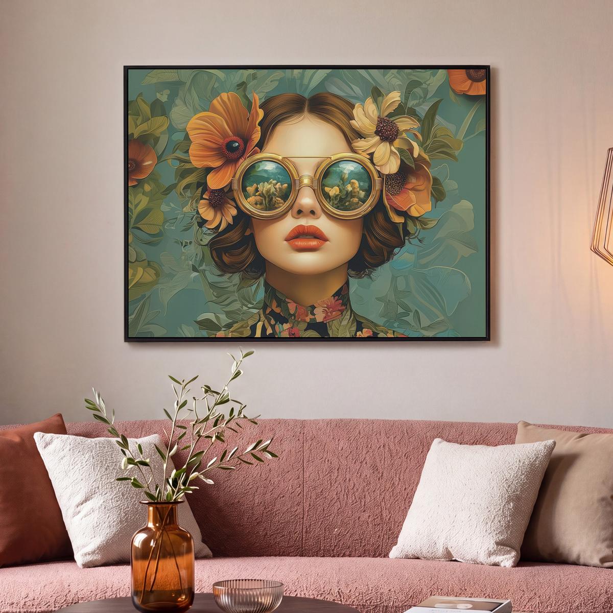 LEINWAND Bilder mit Rahmen - Frau - Blumen - Schmetterlinge - Natur - Vintage - 100x70 - Salbeigrün, Textil (100/70cm) - MuchoWow
