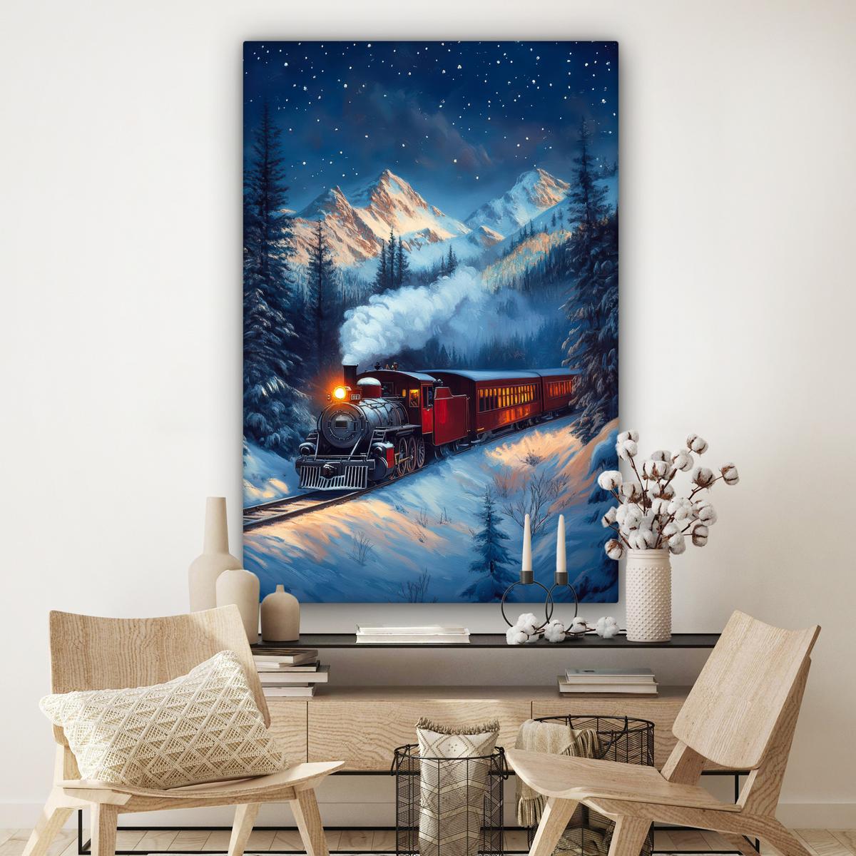 LEINWANDBILD Zug - Weihnachten - Schnee - Weihnachtszug Deko Groß 90x140 cm - Anthrazit, Textil (90/140cm) - MuchoWow