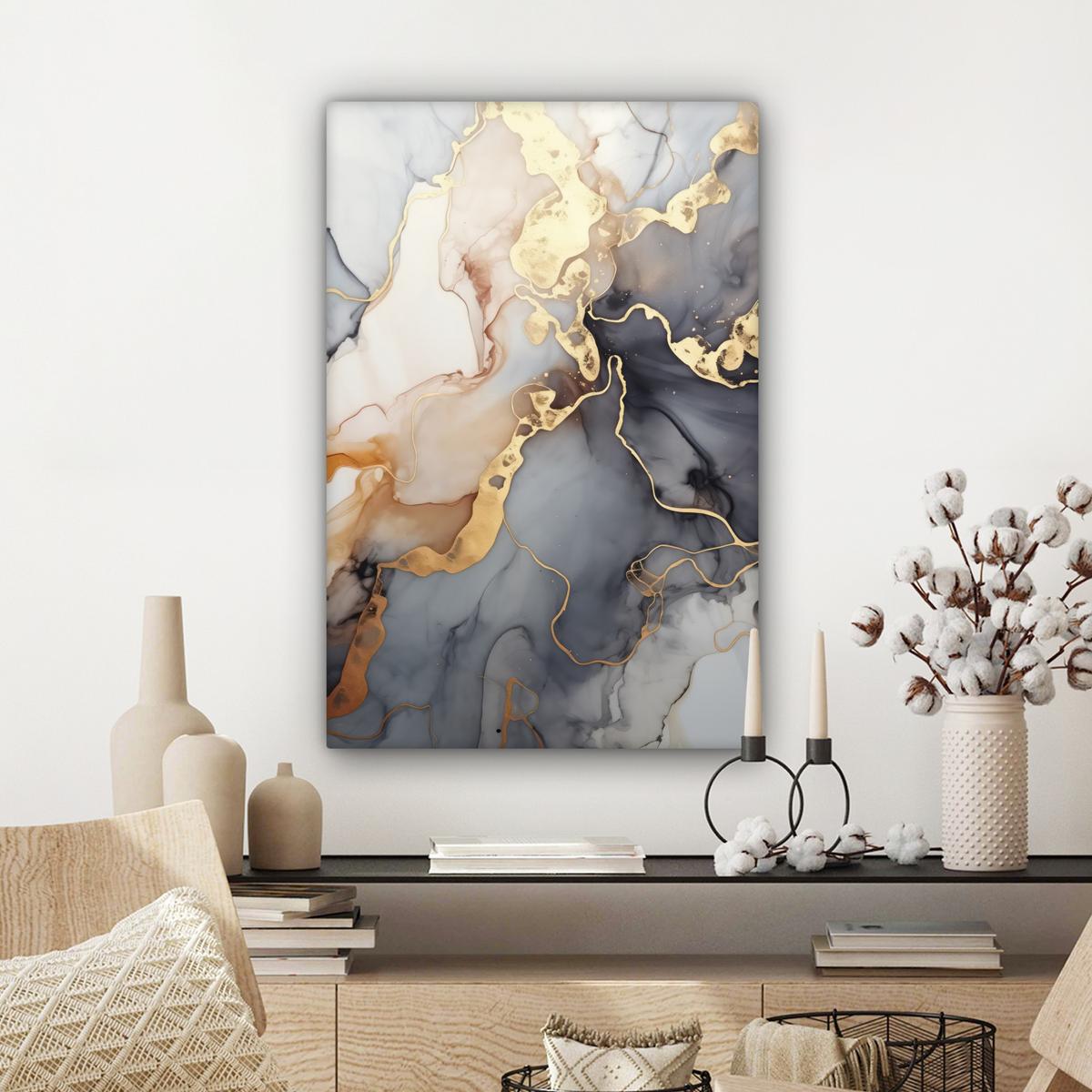 LEINWANDBILD Marmor - Schwarz - Gold - Weiß Wanddeko Schlafzimmer 60x90 cm - Dunkelgrau, Textil (60/90cm) - MuchoWow
