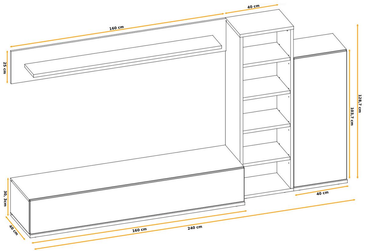 WOHNWAND grau, Wotan Eiche 240 cm, Schrankwand mit Push-to-Open - Eichefarben/Schwarz, Holzwerkstoff/Kunststoff (240/129/40cm) - Furn.Design