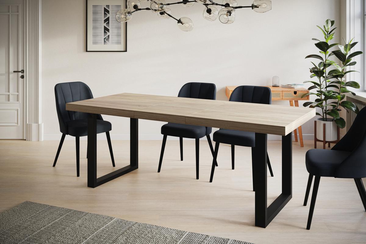 INDUSTRIELLER Esszimmertisch LOFT-U, ausziehbarer Tisch, Größe: 180-280X90X77 cm, Wohnzimmertisch Farbe: SONOMA, mit Metallbeinen in Farbe Schwarz - Schwarz/Sonoma Eiche, Holzwerkstoff (180/90/77cm) - Alpi-Möbel