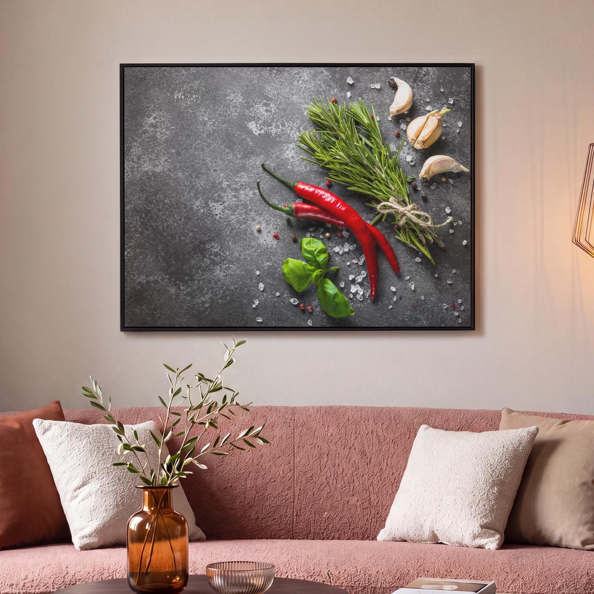 LEINWAND Bilder mit Rahmen - Pfeffer - Kräuter - Gewürze - Beton - 100x70 - Dunkelgrau, Textil (100/70cm) - MuchoWow