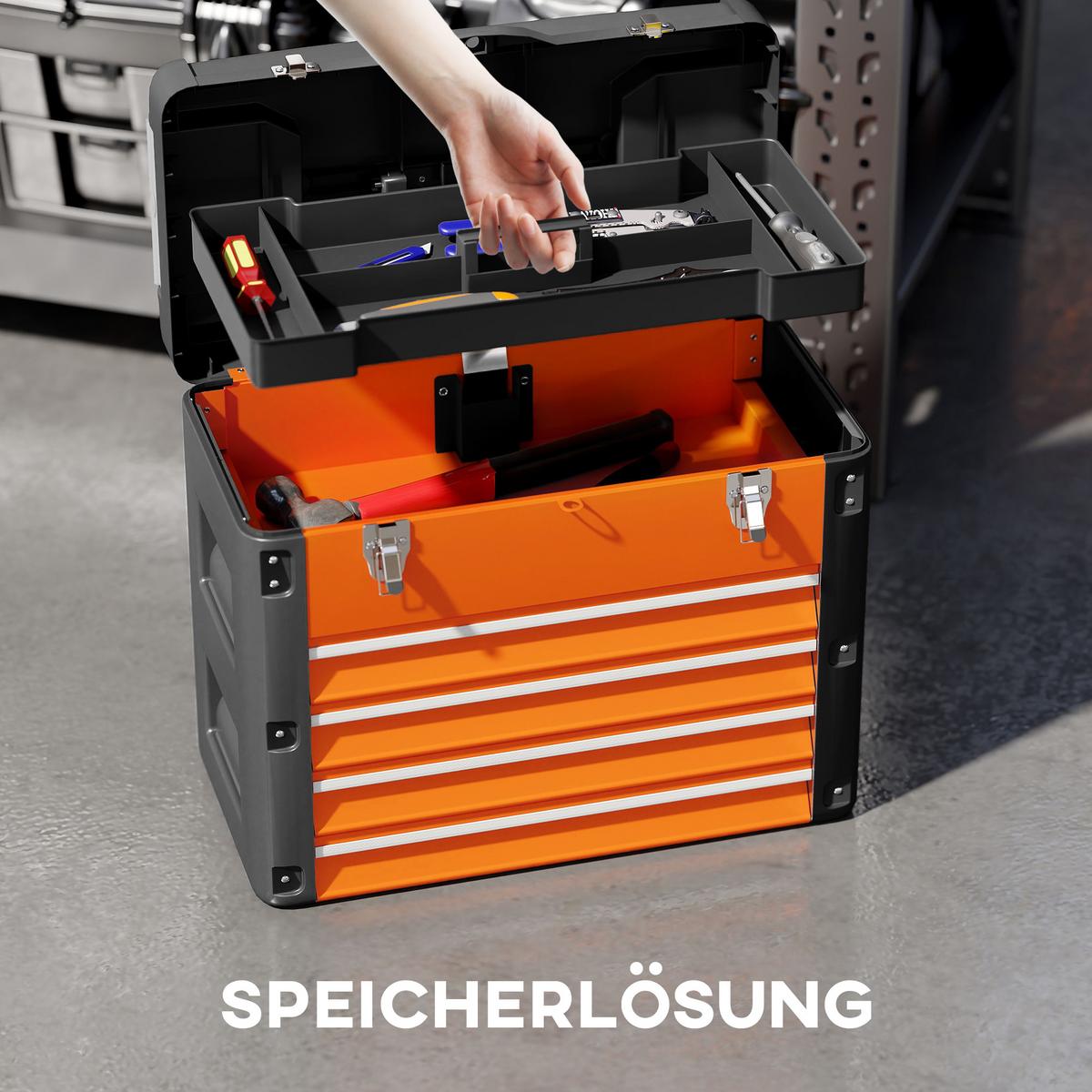 WERKZEUGKISTE leer, 49,7 x 25,3 x 40,7 cm Werkzeugkasten mit 4 Schubladen - Orange, Metall (25.3/40.7/49.7cm) - HOMCOM