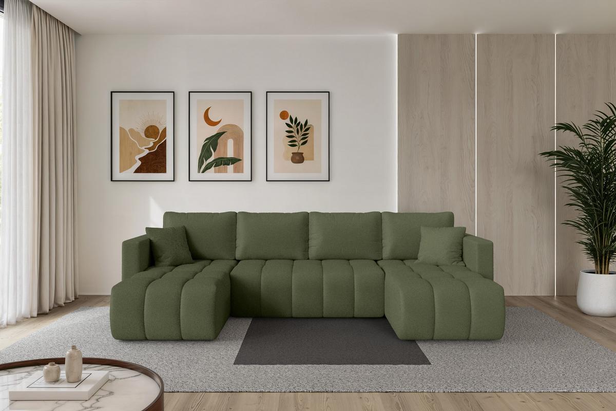 WOHNLANDSCHAFT mit Schlaffunktion und Bettkasten GARD-U 300x146x85 Grün Bouclé - Schwarz/Olivgrün, Holzwerkstoff/Kunststoff (300/85/146cm) - ALTDECOR