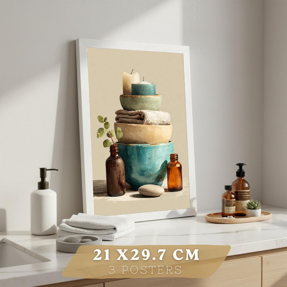 POSTER 3er-Set dekorative Badezimmerbilder im natürlichen Spa-Stil, Motive mit Handtüchern, Kerzen minimalistisches, Wohndekoration Rahmenlos A4 - Klar, Papier (29.7/21/3cm) - Nacnic