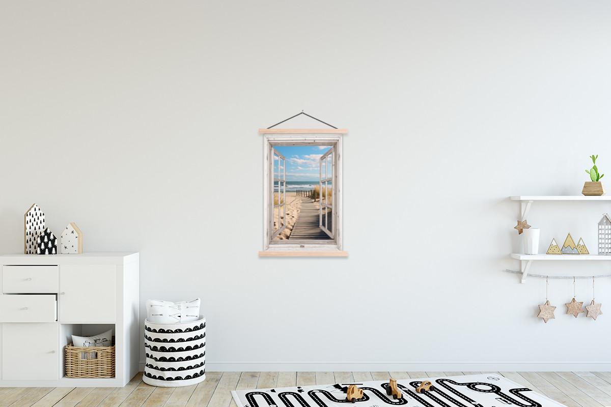 POSTER MIT MAGNETLEISTEN Fenster - Meer - Küste - Natur - Ausblick - Strand - Wattenmeer Wandbild Schlafzimmer 60x90 cm - Beige, Textil (60/90/0.15cm) - MuchoWow