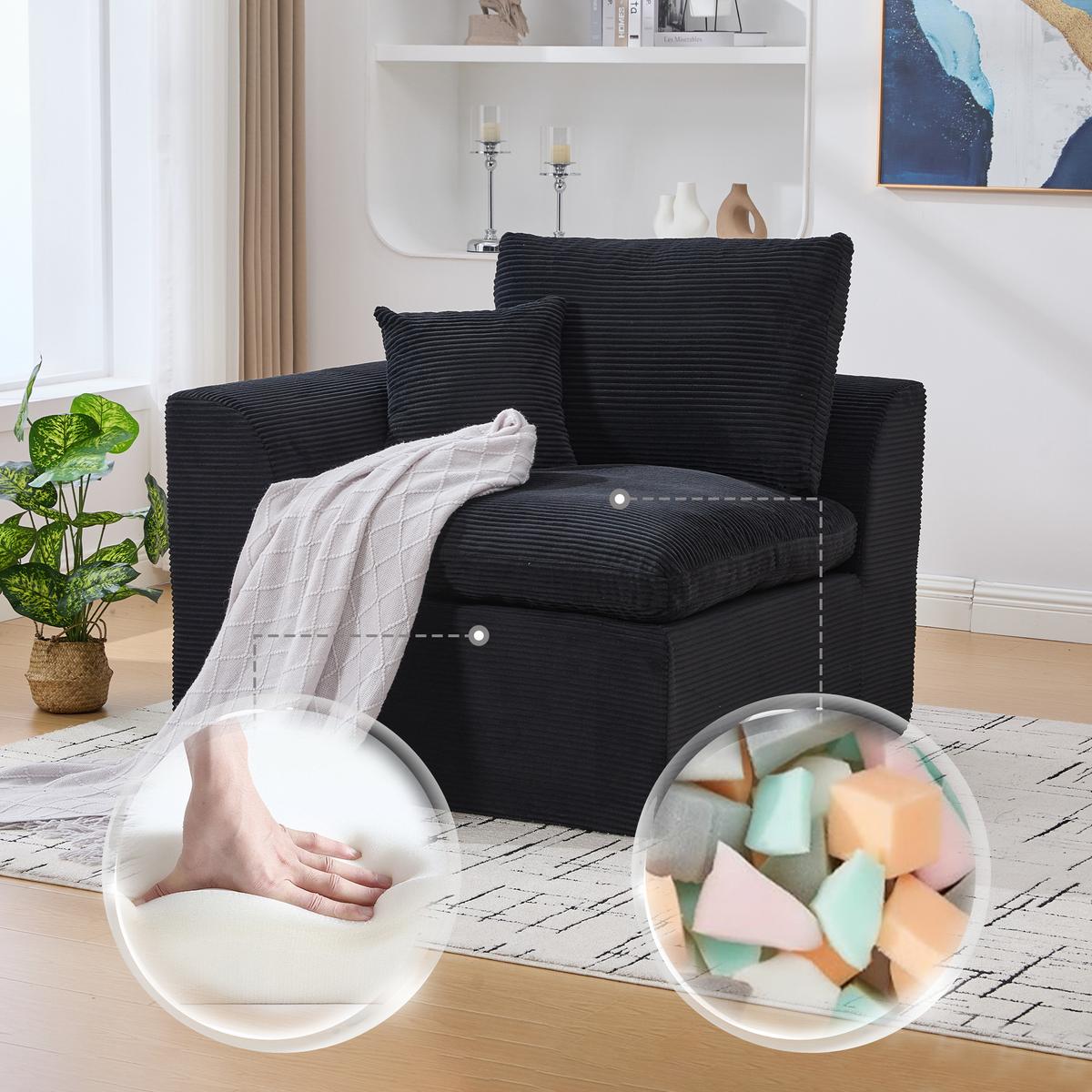 SESSEL Cord-Sofa mit Federkern-Polsterung und Kissen, Montagefrei - Schwarz, Textil (101/84/102cm) - Urban Meuble