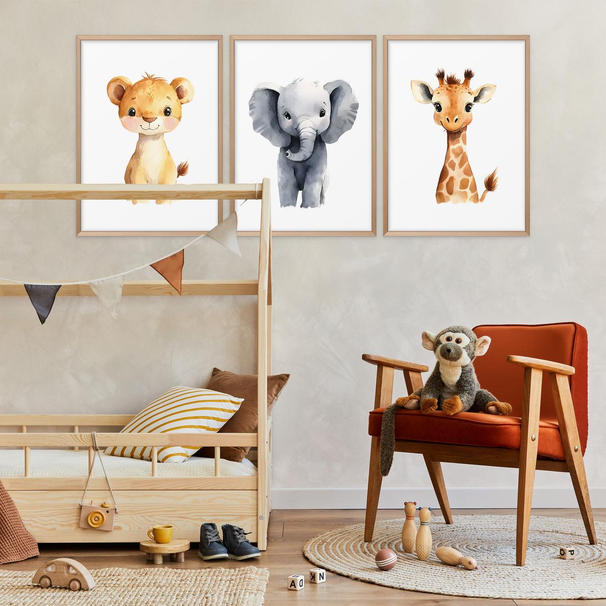 POSTER SET für Kinderzimmer WILDETIERE Löwe Elefant Giraffe 3x Poster A3 30x42cm - Gelb/Orange, Papier (30/42/1cm) - Muralo