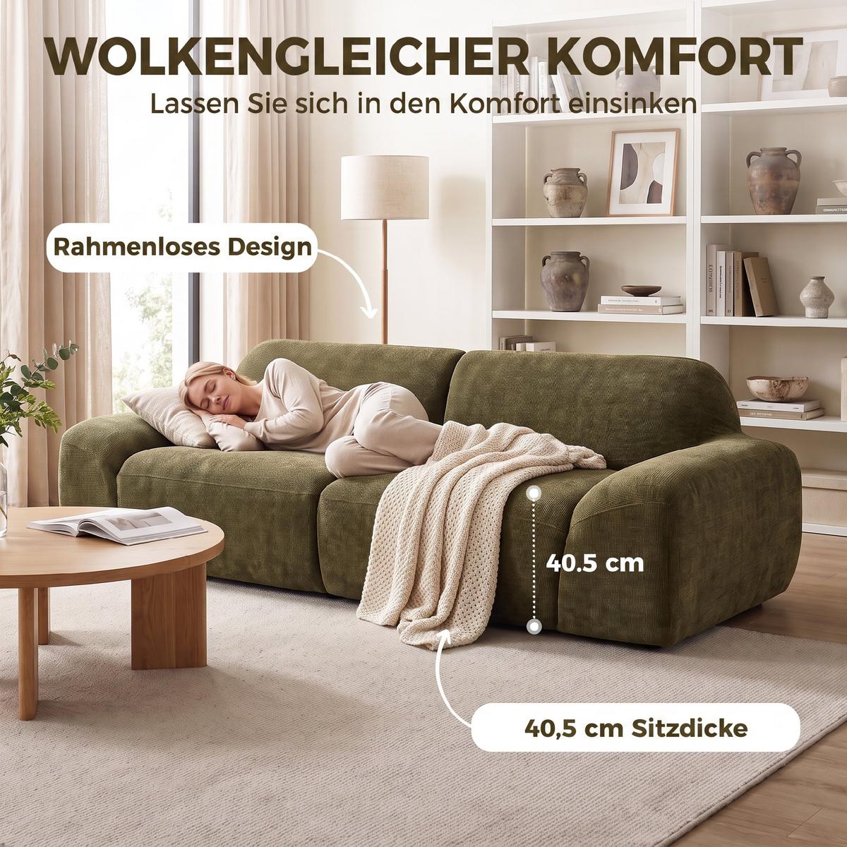3-SITZER-SOFA Chenille 100 Polyester Schaumstoff Cremeweiß - Dunkelgrün, Textil (95/70/244cm) - HOMCOM