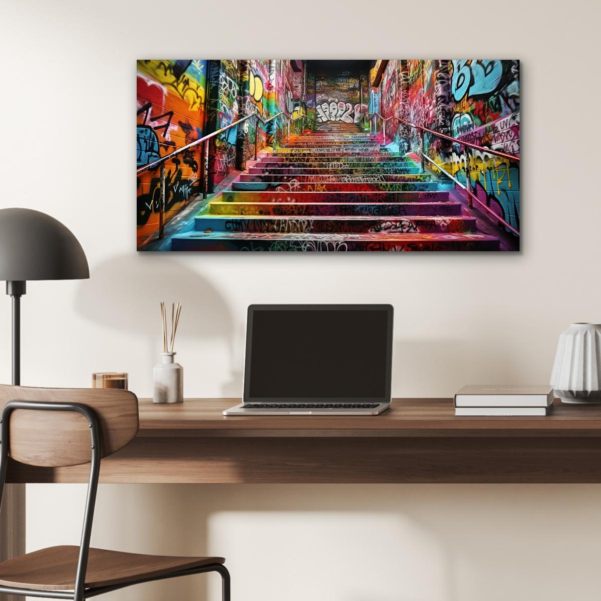 METALLBILD Treppe - Graffiti - Farben - Kunst 80x40 cm - Multicolor, Metall (80/40cm) - MuchoWow