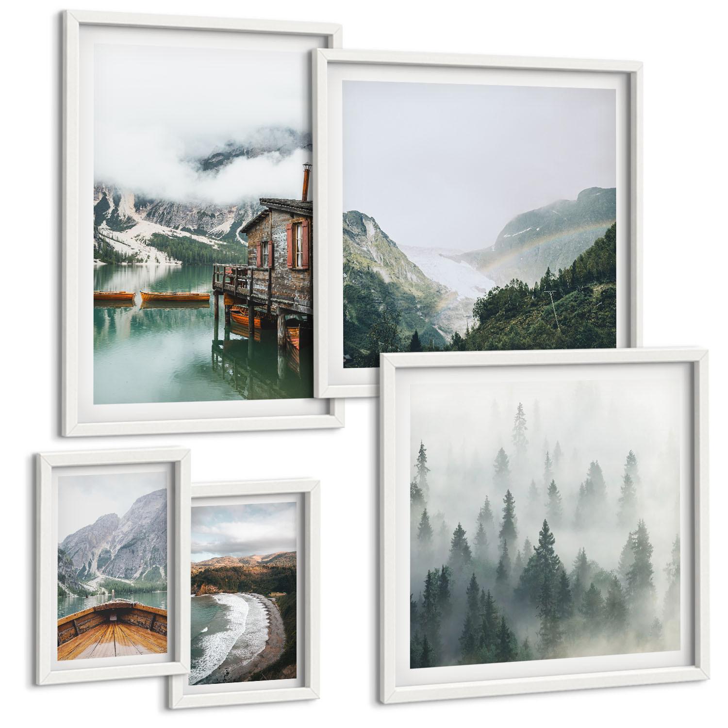 BILDER SET 5er Set - 50x50 cm & 20x30 cm & 40x60 cm Weißer Rahmen - Berge, See, Boot, Nebel, Strand - Weiß, Kunststoff (40/60cm) - TULUP
