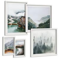 BILDER SET 5er Set - 50x50 cm & 20x30 cm & 40x60 cm Weißer Rahmen - Berge, See, Boot, Nebel, Strand - Weiß, Kunststoff (40/60cm) - TULUP