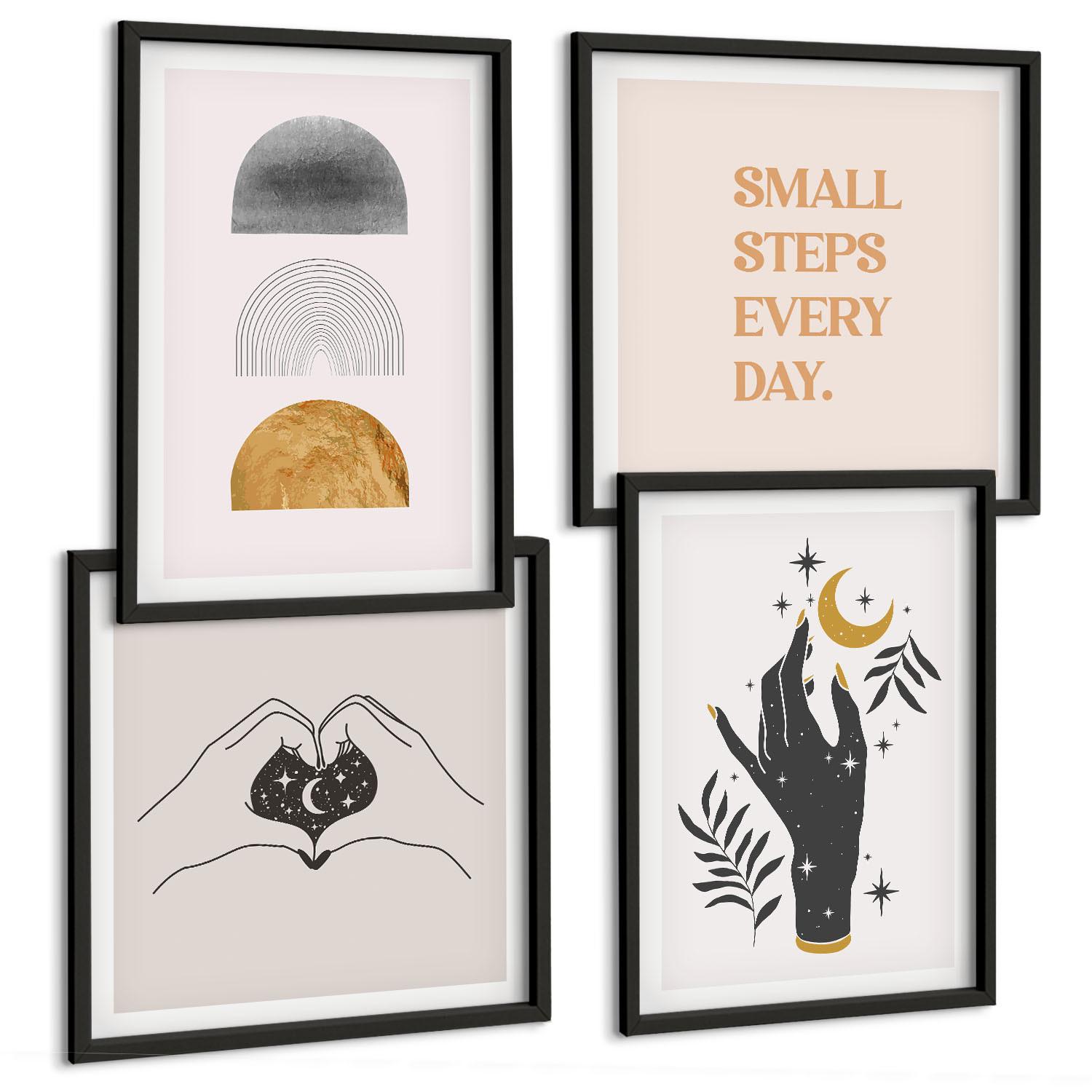 BILDER SET 4er Set - 50x50 cm & 40x60 cm Schwarzer Rahmen - Minimalistische Boho-Illustrationen - Schwarz, Kunststoff (50/50cm) - TULUP
