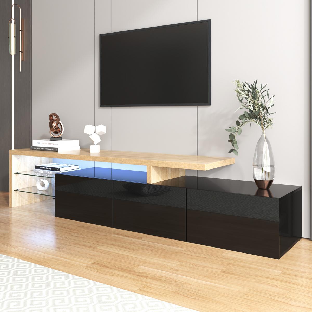 LOWBOARD mit LED-Beleuchtung, 3 Schubladen und Offene Fächer - Schwarz, Glas/Holzwerkstoff (197/42/39cm) - Urban Meuble