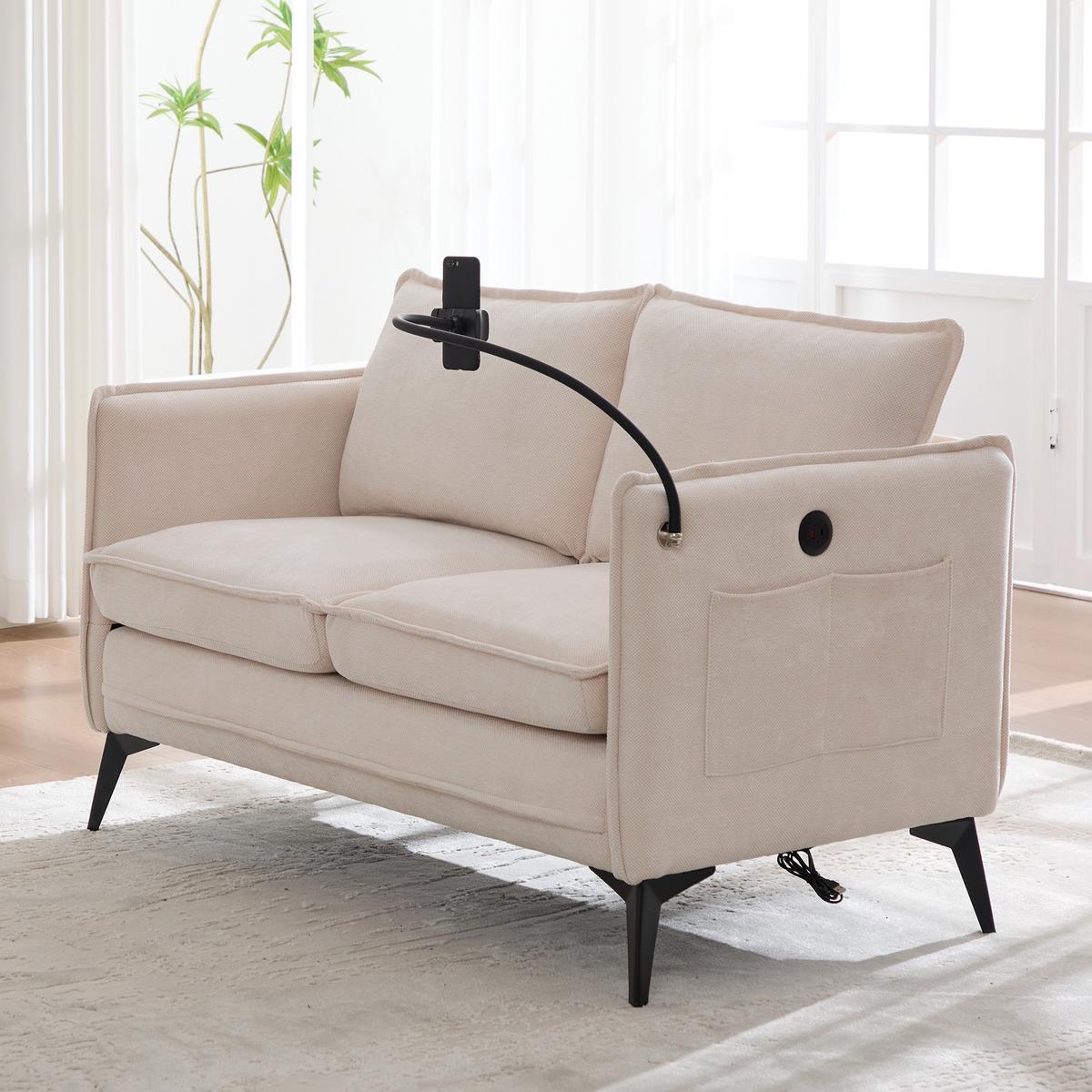 2-SITZER SOFA Chenille Mit Handy-Halter & Seitentaschen - Beige, Textil (127/66/69cm) - Urban Meuble