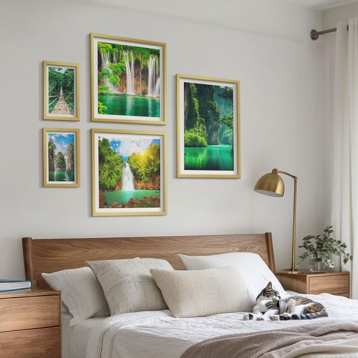 BILDER SET 5er Set - 50x50 cm & 20x30 cm & 40x60 cm Goldrahmen - See, Berge, Boote, Ferienhaus - Goldfarben, Kunststoff (40/60cm) - TULUP