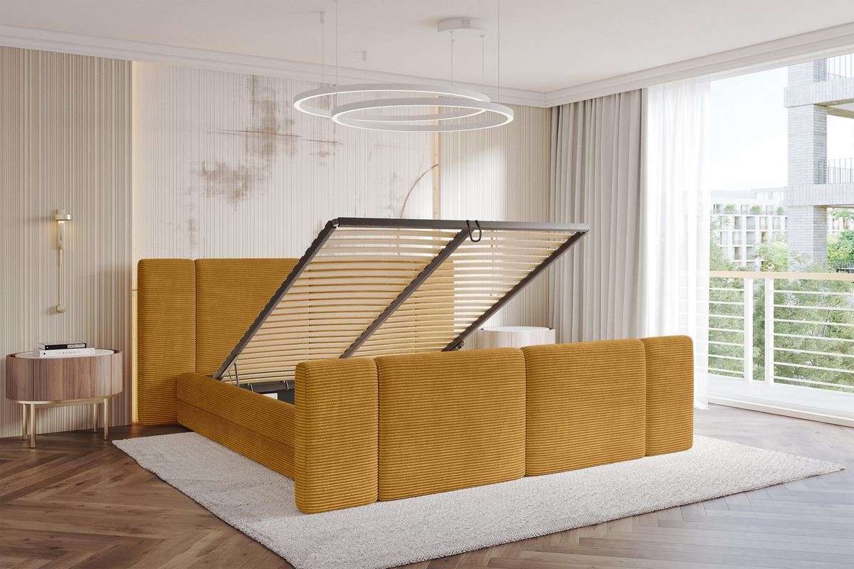 POLSTERBETT mit Bettkasten, Fußteil und Lattenrost, Bett mit Matratze H3/H4 - TEVO-Z 140x200 Senfgelb - Gelb, Holzwerkstoff/Textil (140/200cm) - ALTDECOR