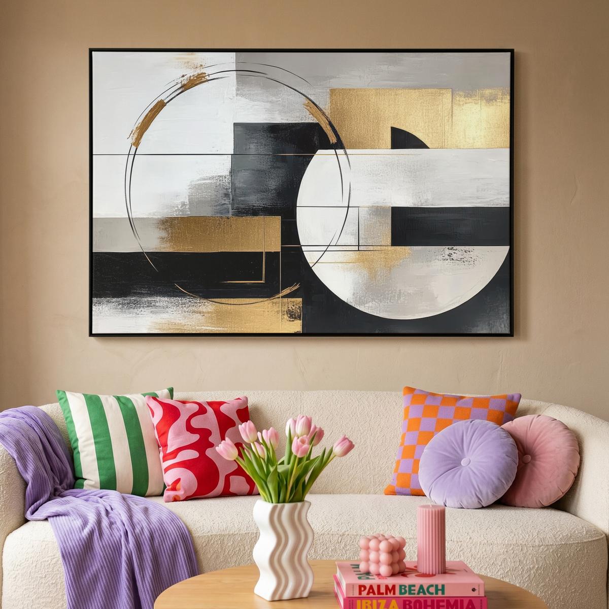 LEINWAND Bilder mit Rahmen - Abstrakt - Gold - Silber - Formen - Ästhetik - 120x80 - Multicolor, Textil (120/80cm) - MuchoWow