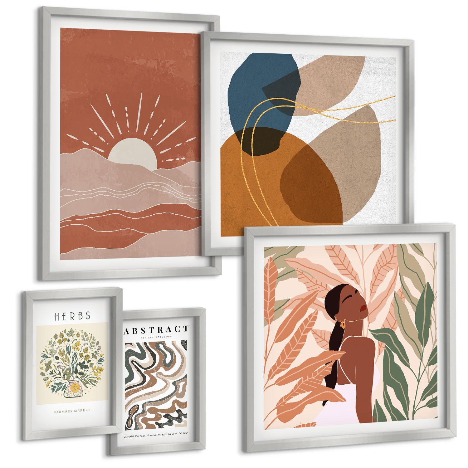 BILDER SET 5er Set - 50x50 cm & 20x30 cm & 40x60 cm Silberner Rahmen - Boho-Ästhetik, Pastellposter - Silberfarben, Kunststoff (40/60cm) - TULUP