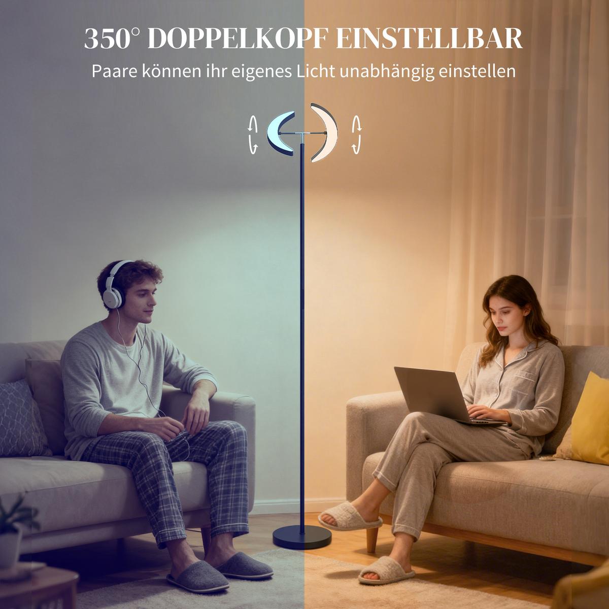 LED-STEHLAMPE mit 350° drehbarer Doppelkopf & Fernbedienung - Schwarz, Metall (30/30/188cm) - HOMCOM
