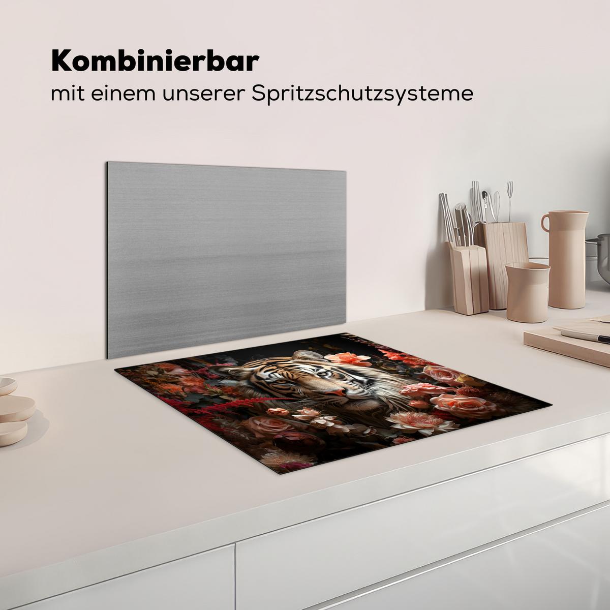 HERDABDECKPLATTE Tiger - Tier - Natur - Floral - Botanisch Herdabdeckung Induktionsfeld 60x52 cm - Orange, Kunststoff (60/52/0.2cm) - MuchoWow