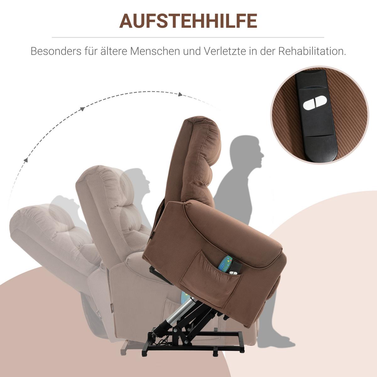FERNSEHSESSEL Sessel mit Aufstehhilfe mit Massagefunktion Heizung Braun - Schwarz/Braun, Textil/Metall (83/110/93cm) - HOMCOM