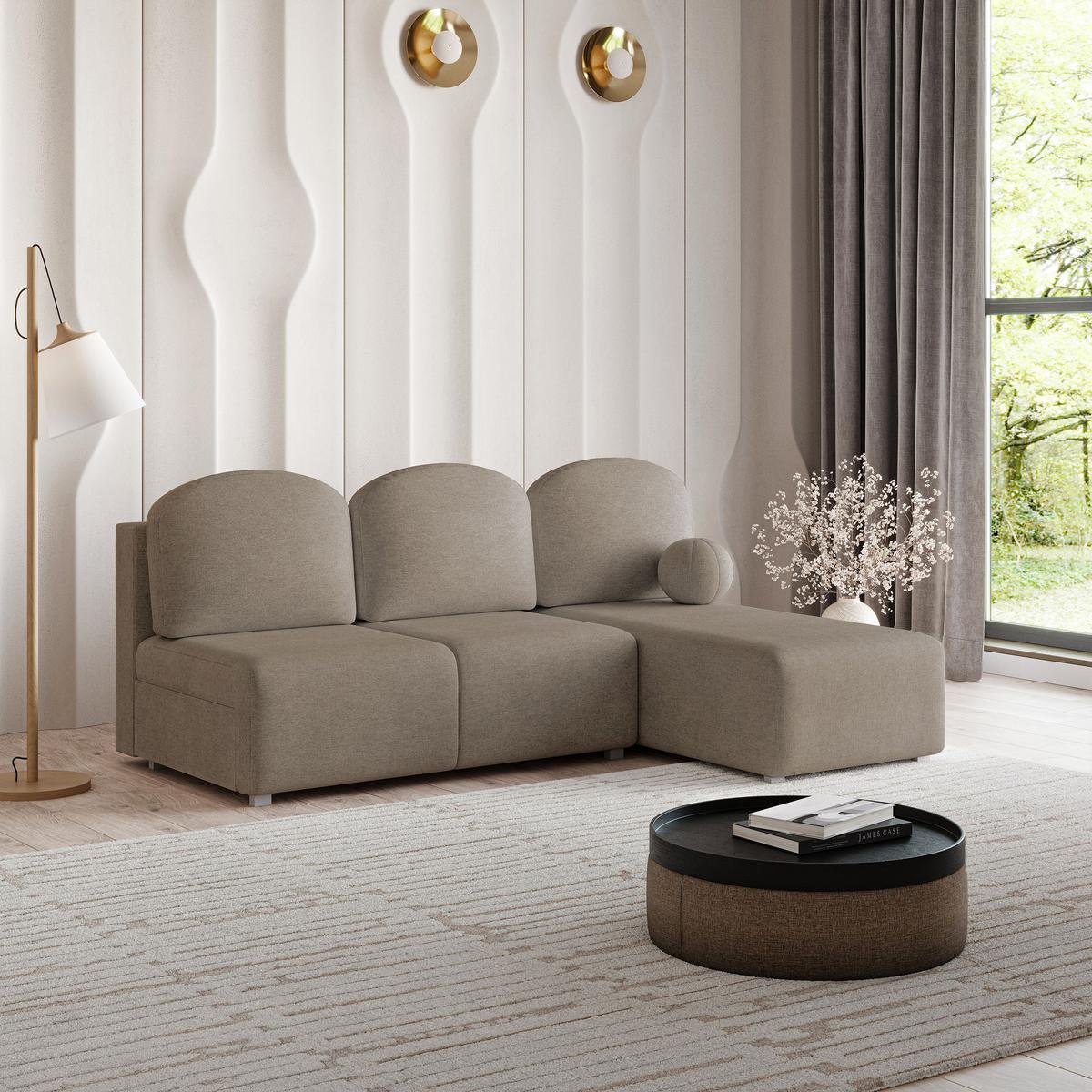 ECKSOFA TRAMA Braun Geflochtener Stoff mit Schlaffunktion - Braun, Holz (200/143cm) - MASSENO