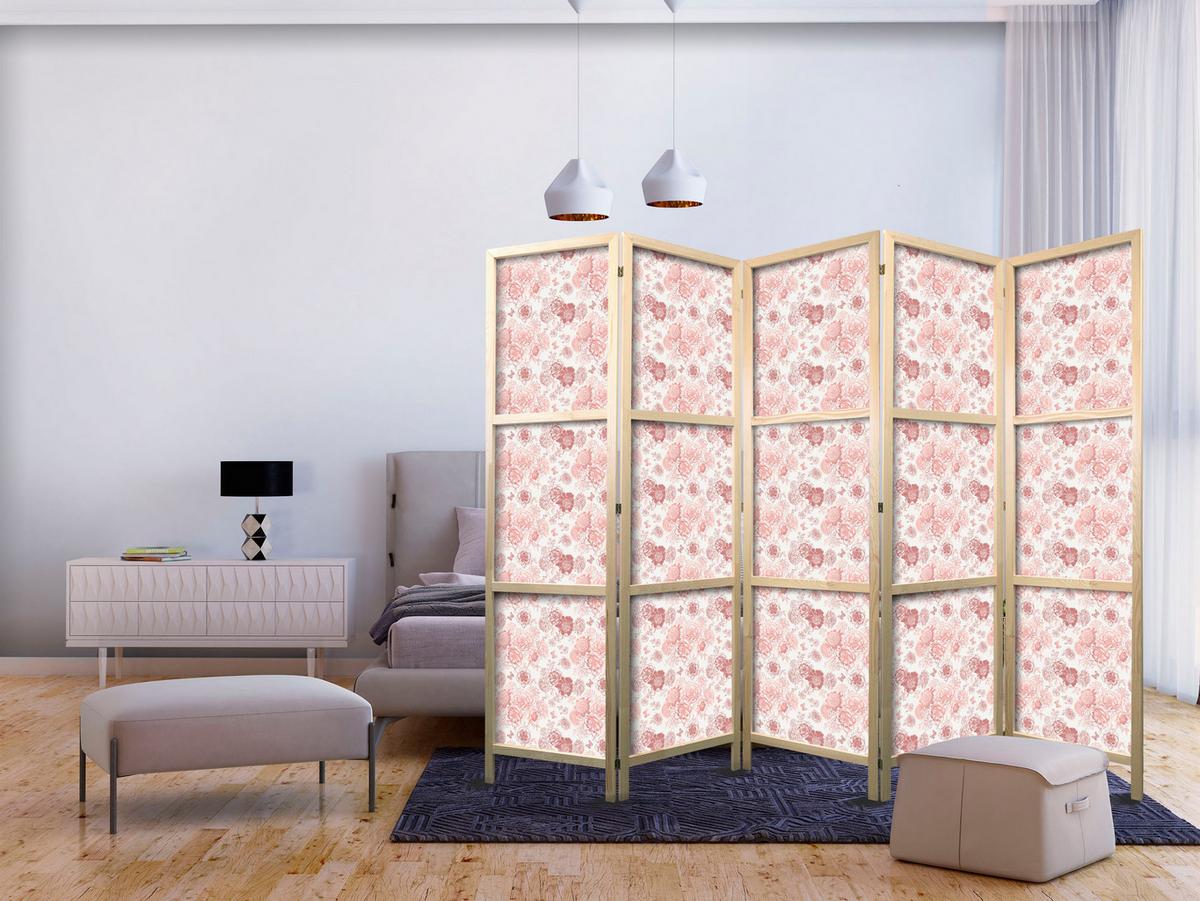 PARAVENT Japanischer 5-tlg 225x172 cm Rosa Blumen - Rosa, Holz/Textil (225/172/3cm) - Muralo