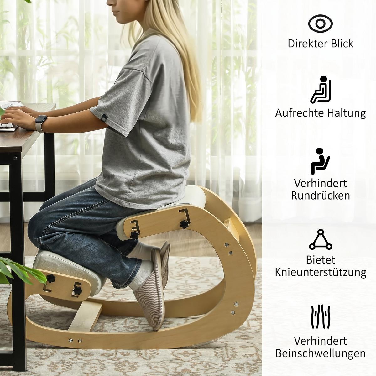 KNIESTUHL Polyester Birkenholz Cremeweiß - Creme, Holz (55/55/85cm) - HOMCOM