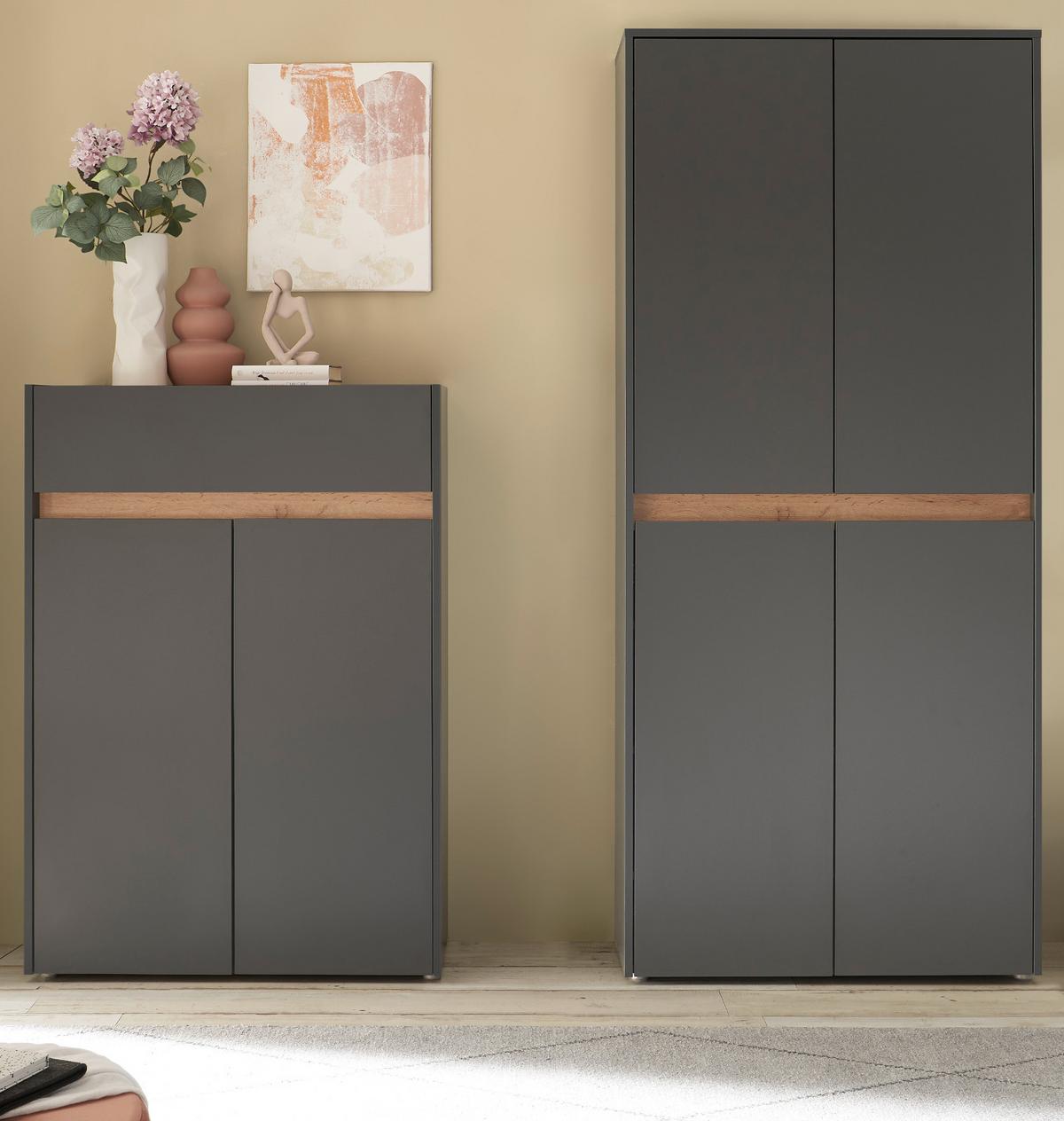 GARDEROBEN-SET grau matt, Eiche Wotan 2-teilig 180 cm, Kombination mit viel Stauraum - Eiche Wotan/Schwarz, Holzwerkstoff/Kunststoff (180/195/40cm) - Furn.Design