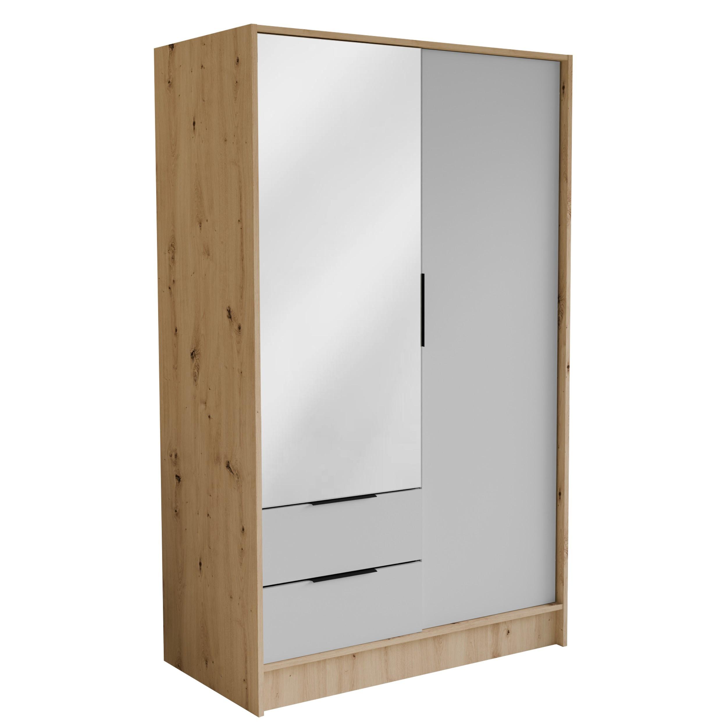 DREHTÜRENSCHRANK CAVA 102/200/51 cm Modern Kleiderschrank 2-türig mit Spiegel Eiche Artisan - Weiß/Eiche Artisan, Holzwerkstoff (102/200/51cm) - MASSENO