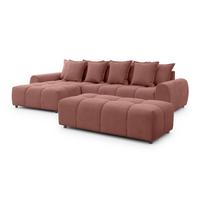 ECKSOFA inkl. Hocker Bubble mit Schlaffunktion und losen Rückenkissen, Sitzfläche Bubble-Optik aus weichem Terrakotta Strukturstoff - Ottomane Links - Terracotta/Schwarz, Holz/Kunststoff (180/306cm) - S-Style Möbel