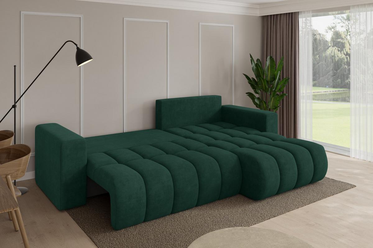 ECKSOFA mit Schlaffunktion Ottomane Rechts MILA-L-v1 277x195x86 Grün Velours - Schwarz/Grün, Holzwerkstoff/Kunststoff (277/194cm) - ALTDECOR