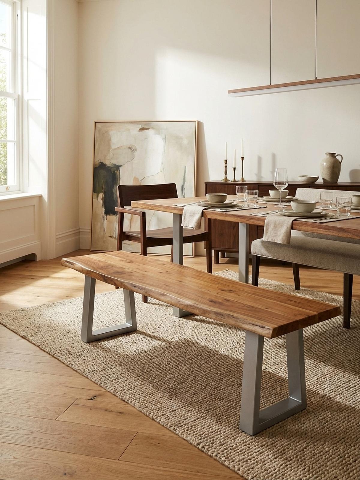 ESSZIMMERBANK Massivholz Metall Baumkante Chromgestell, Akazie 160x40x46 cm - Silberfarben/Braun, Holz/Metall (160/46/40cm) - KADIMA DESIGN