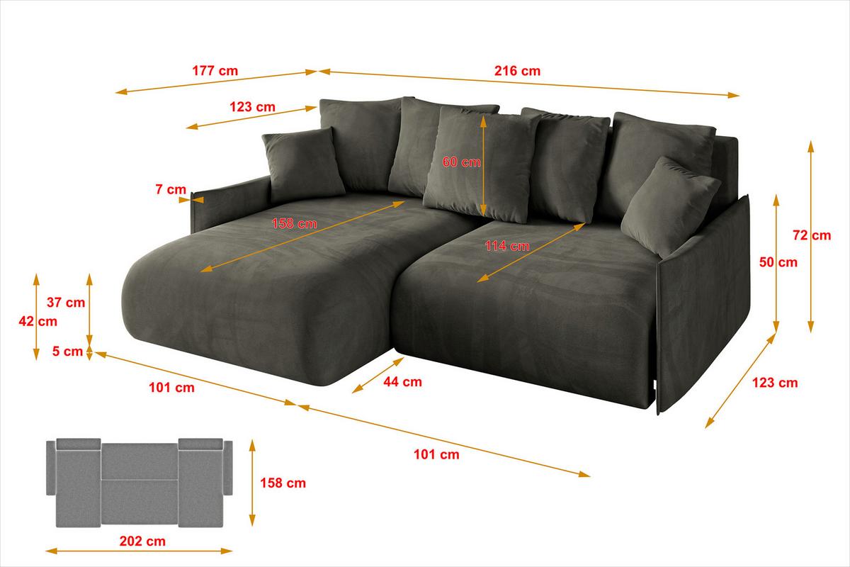 ECKSOFA Ottomane links ONESK-L -v1 216x177x72 Schwarz Velours - Schwarz, Holzwerkstoff/Kunststoff (216/177cm) - ALTDECOR