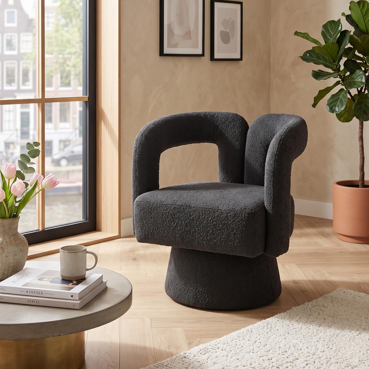 DREHSESSEL 360° Boucle Akzentstuhl Polstersessel für Wohnzimmer & Büro - Dunkelgrau, Textil (67/74/55cm) - Urban Meuble