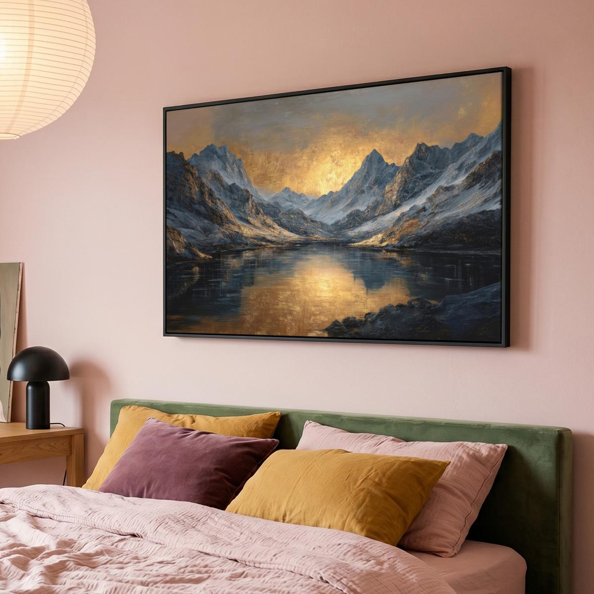 LEINWAND Bilder mit Rahmen - Bergkulisse mit goldenem Sonnenuntergang - 120x80 - Goldfarben, Textil (120/80cm) - MuchoWow