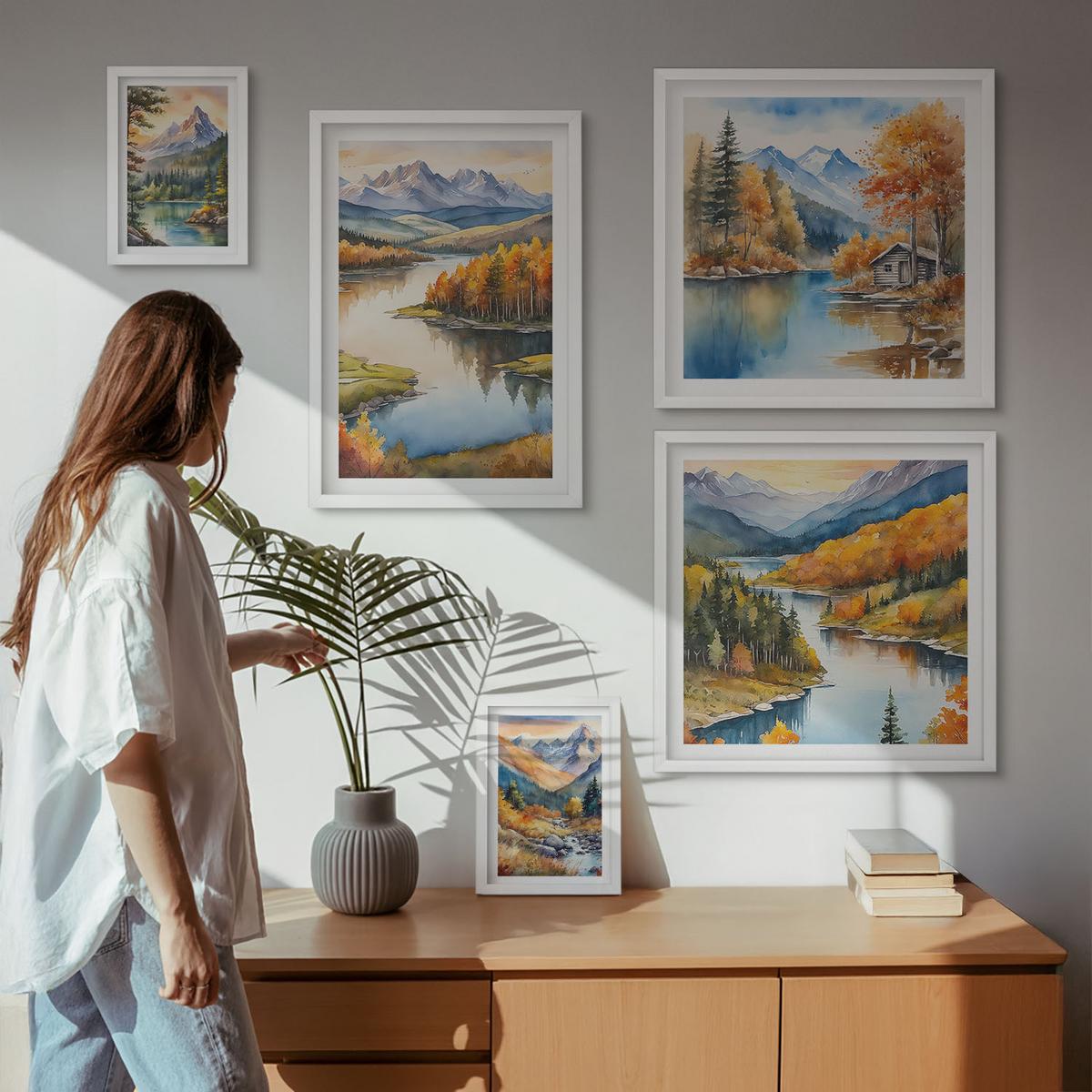 BILDER SET 5er Set - 50x50 cm & 20x30 cm & 40x60 cm Weißer Rahmen - Berglandschaft mit einem Fluss - Weiß, Kunststoff (40/60cm) - TULUP
